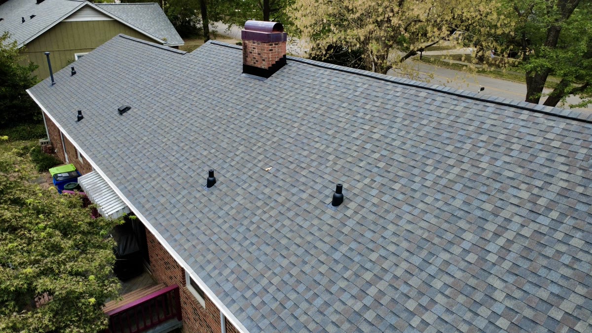 Aerial view of professional roofing work